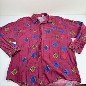 Vtg Red Camel Mens Burgundy Diamond Print Long Sleeve Button Up Shirt Size L